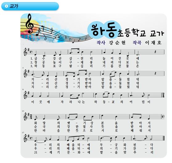 1절
금수강산 삼천리 늘어진곳에
지리산 정기받아 앞을 둘렀네 
이곳에 자라나는 하동교의 어린이 
화랑의 옛 기상 본을 받아서 
우리의 배움터에 무궁화 핀다.

2절
창공 높이 구계봉 내려다보는 
지리산 정기 받아 앞을 둘렀네 
이곳에 자라나는 하동교의 어린이 
순국의 장한열사 뜻 받아서 
우리의 배움터에 의기 가 찬다.

3절
하동 포구 팔십리 기름진 물은 
지리산 정기 받아 앞을 둘렀네 
이곳에 자라나는 하동교의 어린이 
한마음한뜻으로 서로 배워서 
21세기 문화에 발을 맞추리
